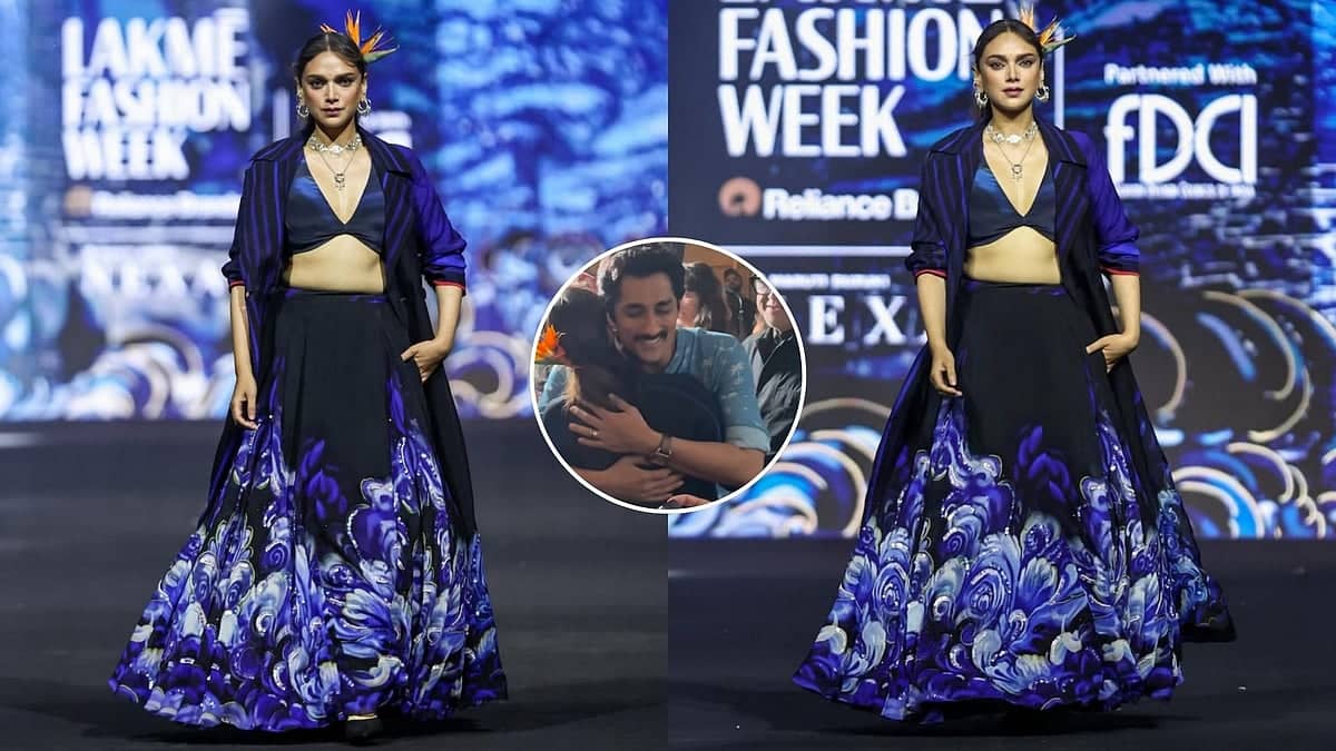 Siddharth Hugs Wifey Aditi Rao Hydari As She Closed Runway In Midnight Blue Lehenga, Trench Coat – Watch