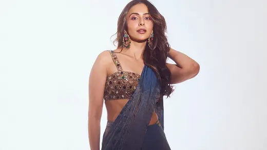 Rakul Preet Singh Dazzles In Navy Saree At Ramayana Event